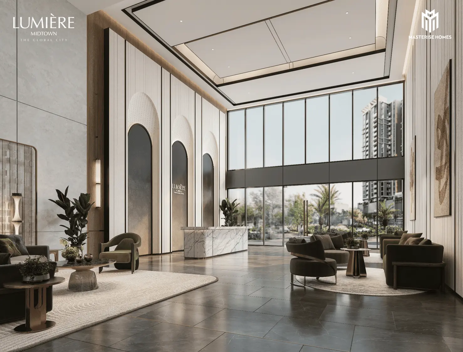Khu vực sảnh đón khách sang trọng tại LUMIÈRE Midtown, nơi đẳng cấp và tiện nghi hòa quyện.