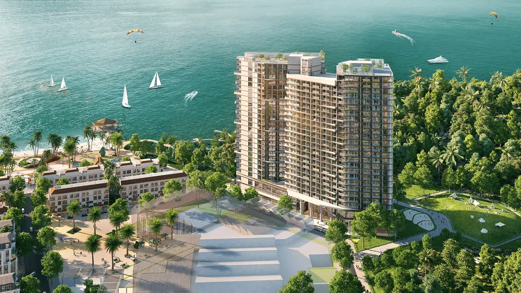 Khung cảnh tuyệt đẹp của dự án Xanh Island Cát Bà giữa thiên nhiên hoang sơ và biển cả xanh biếc.
