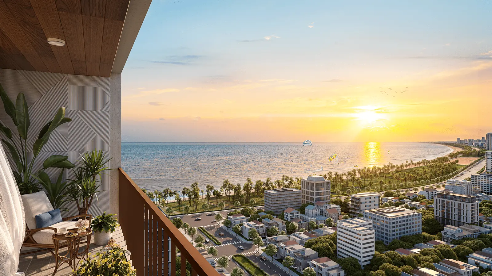 Tầm nhìn từ ban công Sun Costa Residences Đà Nẵng, thưởng thức vẻ đẹp biển Mỹ Khê và hoàng hôn tuyệt mỹ.