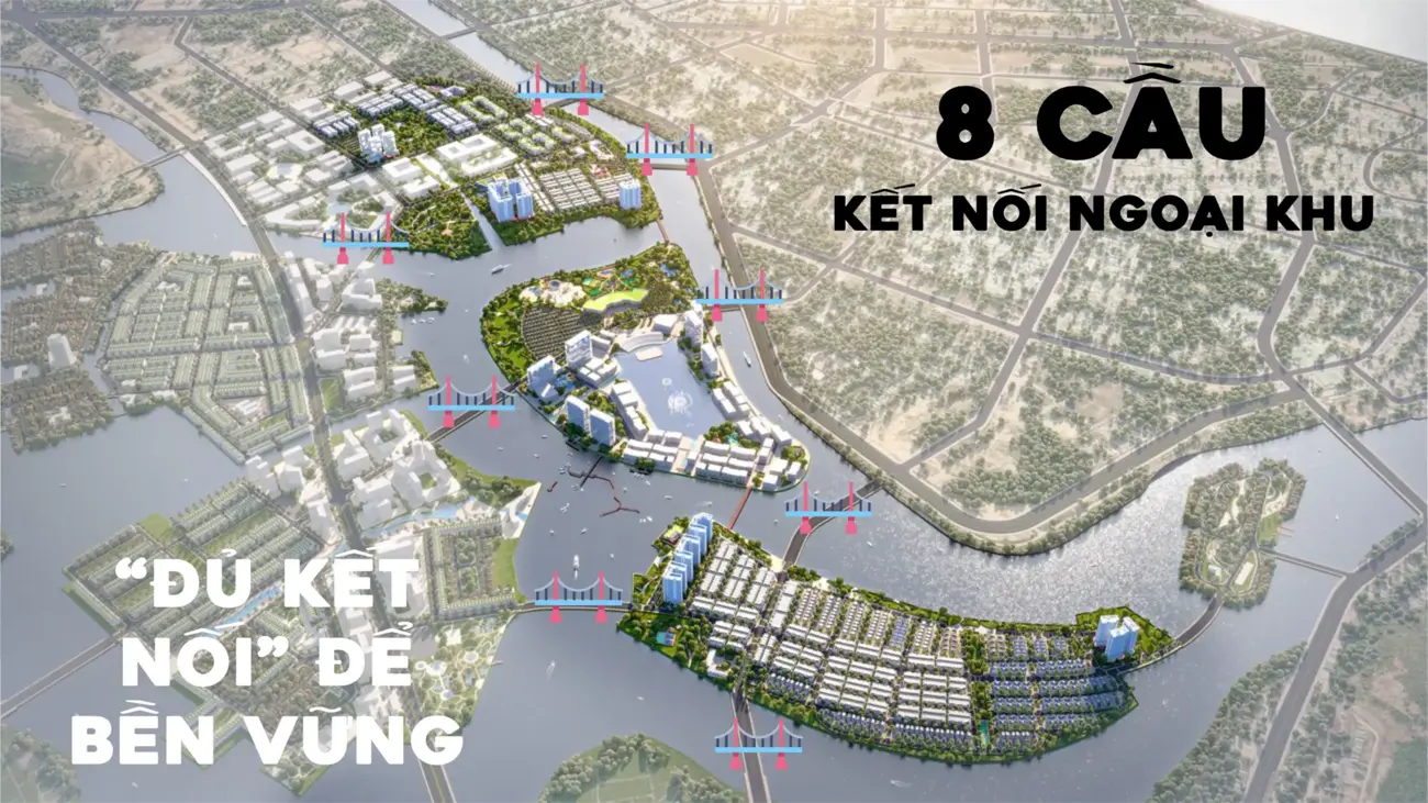 Cảnh quan phát triển đô thị với 8 cây cầu kết nối, thúc đẩy hạ tầng bền vững.