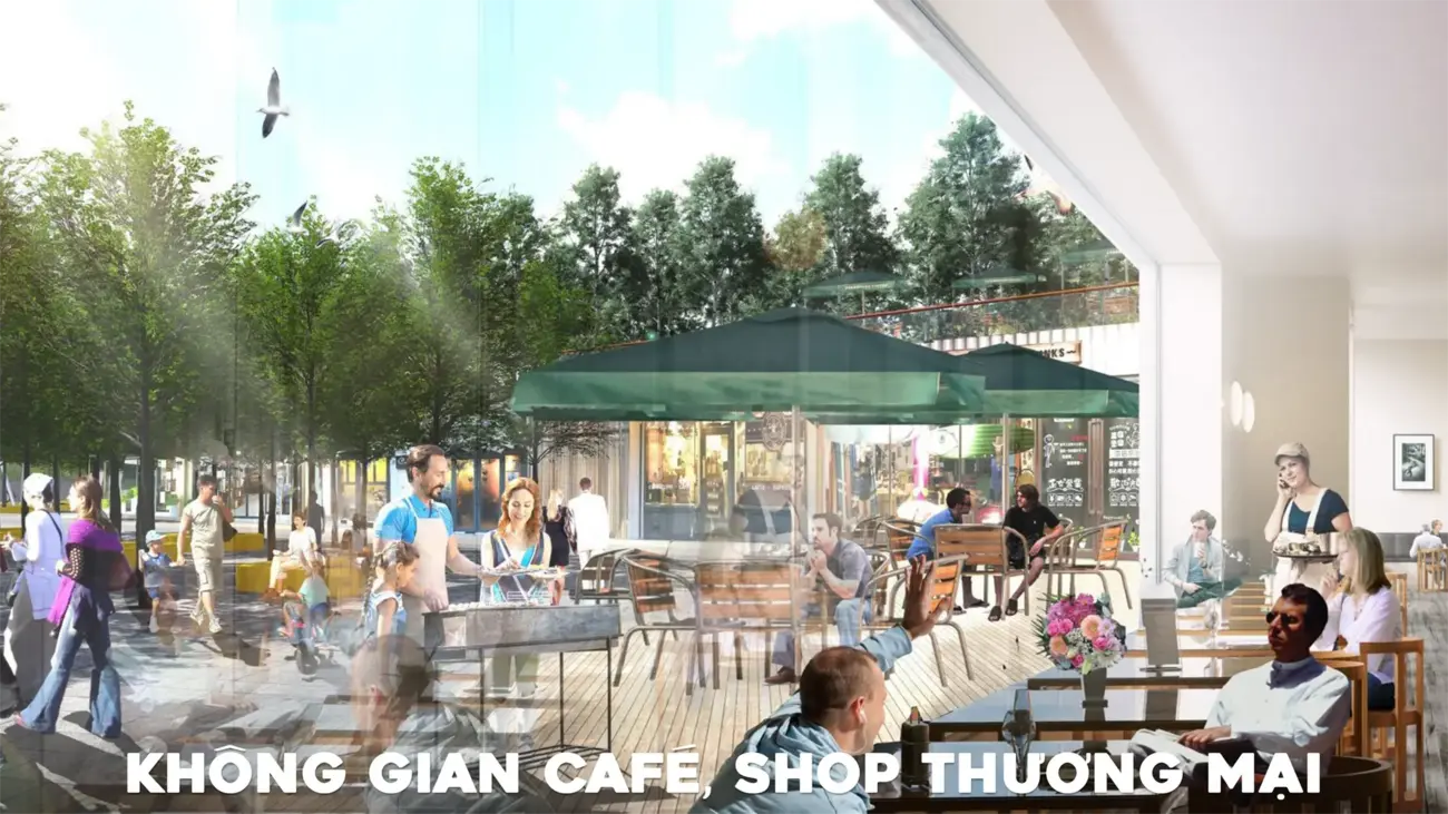 Không gian cafe và cửa hàng thương mại sôi động, đầy màu sắc và hiện đại.